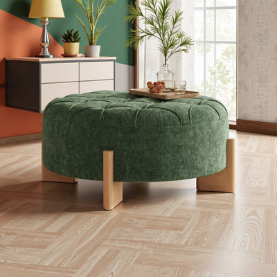 32-Inch Round Tufted Ottoman With Solid Wood Legs, Chenille Upholstery, Footrest & Coffee Table Function