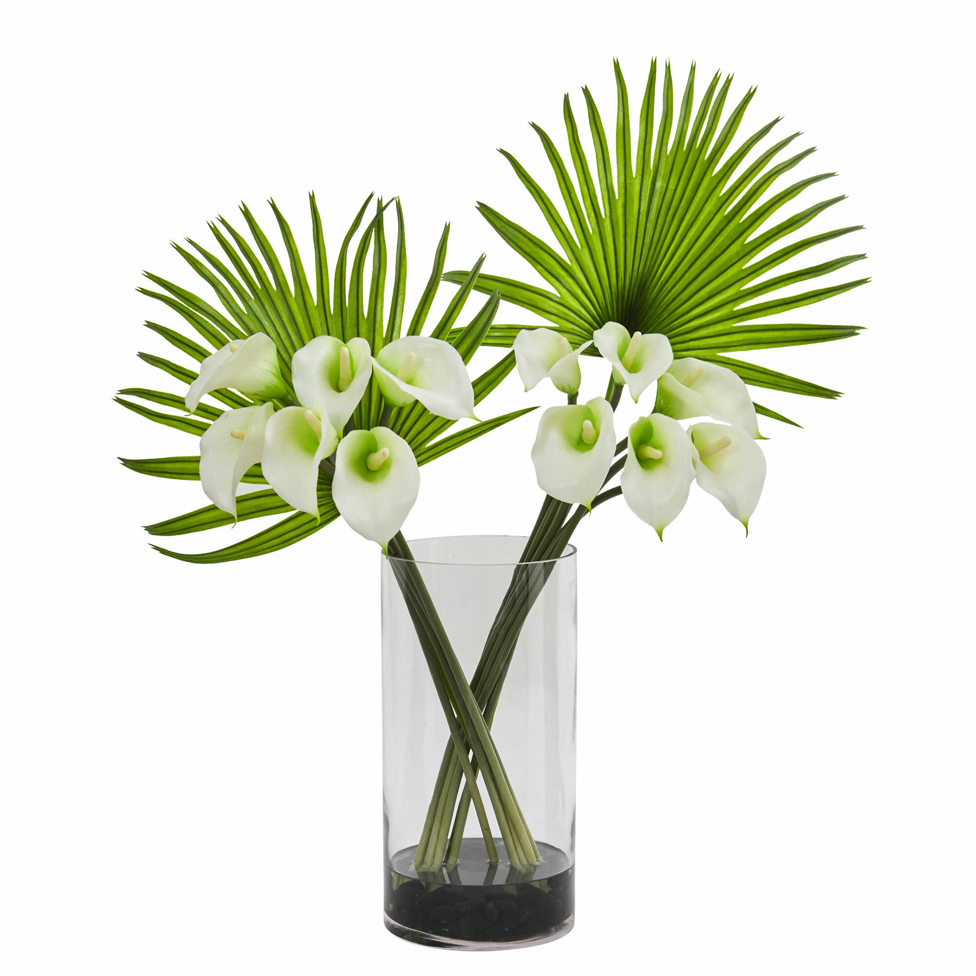 Bayou Breeze Fan Palm Calla Lilies Floral Arrangement in Vase & Reviews ...