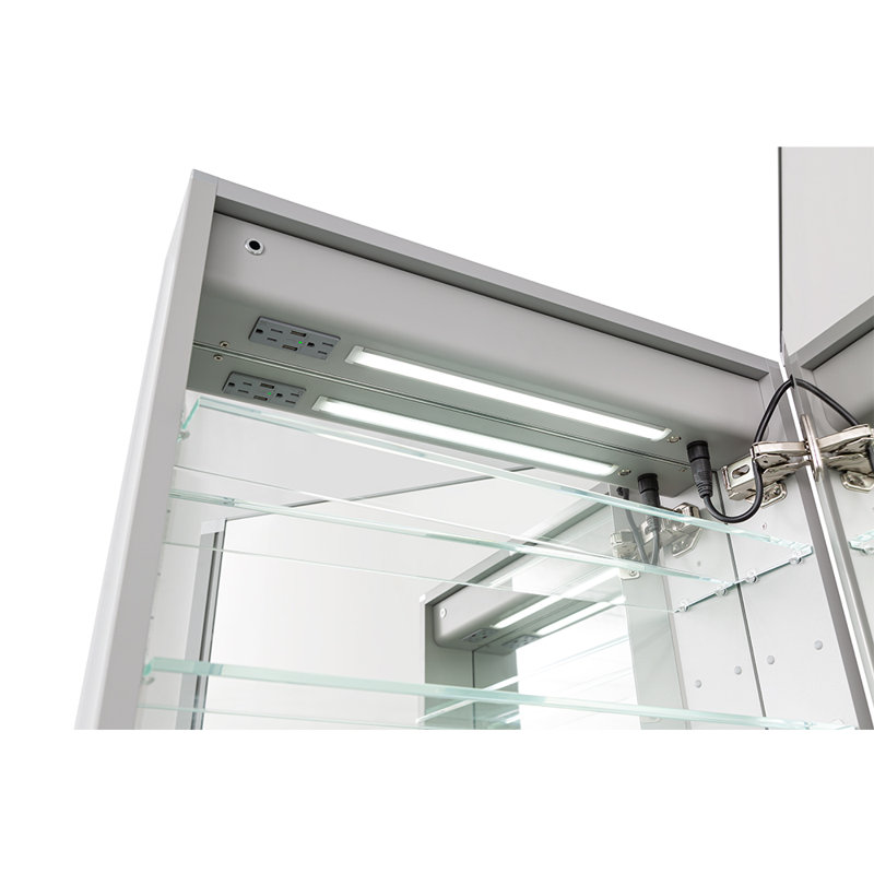 Armoire à pharmacie avec désembueur à DEL l 30 po x H 30 po x P 5 po Bleckley, prises électriques, horloge numérique, gradateur, miroir grossissant 3X à DEL réglable