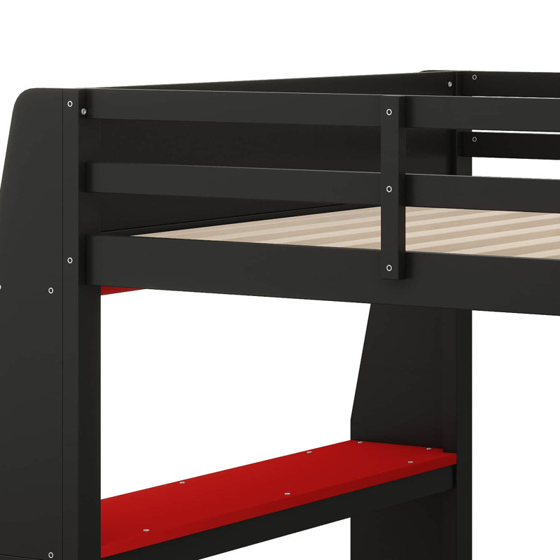 Lit mezzanine double avec bureau et tablettes multiples, cadre de lit mezzanine en bois avec DEL et portemanteau suspendu