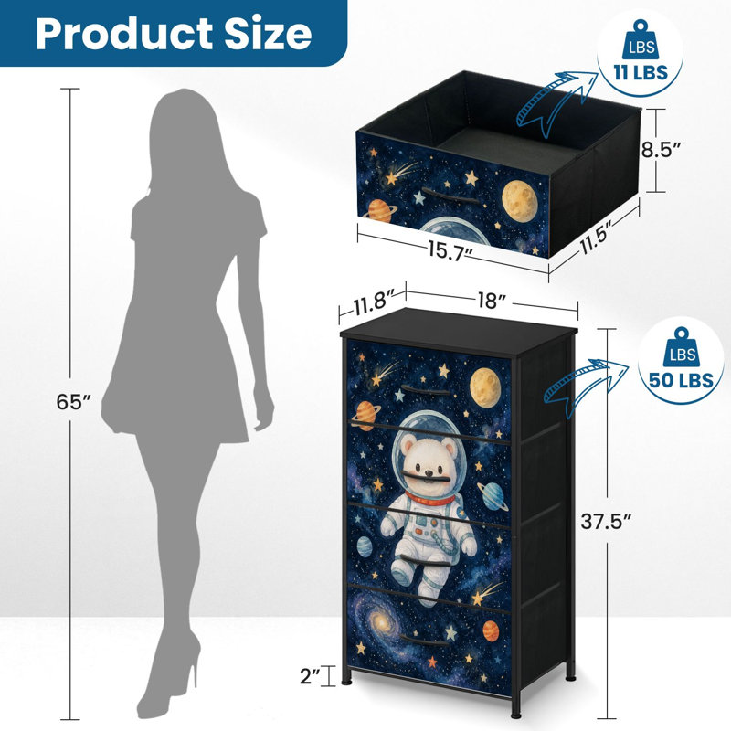 Commode 4 tiroirs pour chambre à coucher, commode étroite, plateau en bois et structure de bureau en fer 18 po x 37,5 po (lxH) - avec un joli motif d'astronaute