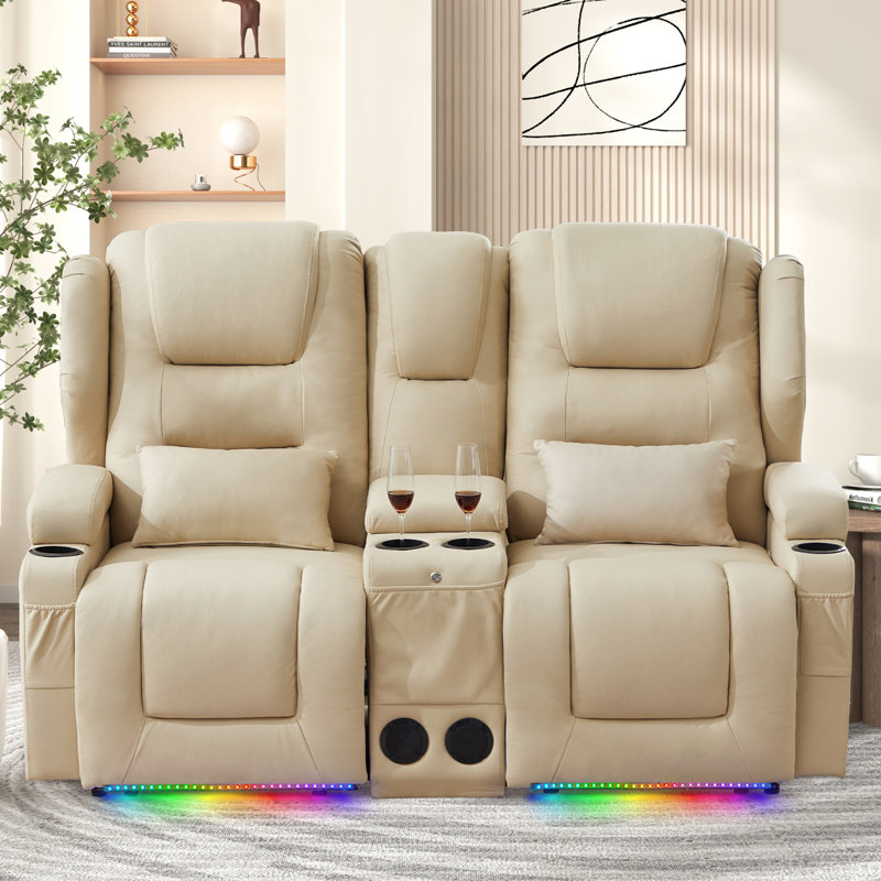 Power Recliner Sofa Home Theater Seating With Led Ambient Lighting, Cup Holders, Side Pockets, Beige