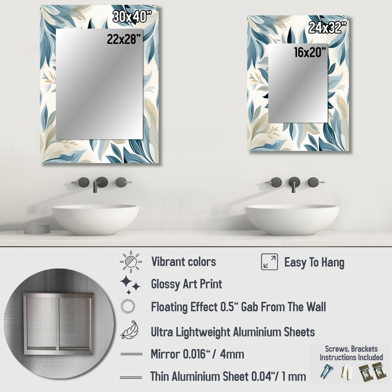 Amberlynn Tranquil Patterns - miroir mural décoratif floral, miroir de maison de campagne, impression d'art en métal