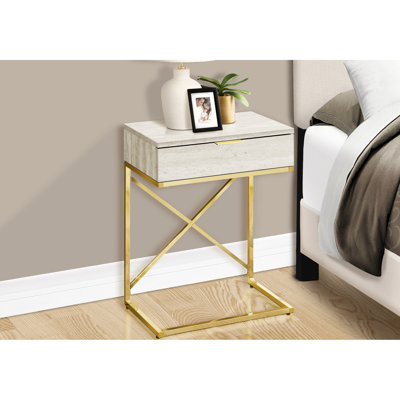 Table de chevet moderne avec plateau beige et quincaillerie en métal doré, tiroir de rangement pour table de bout, cadre de table contemporain en marbre, accessoires