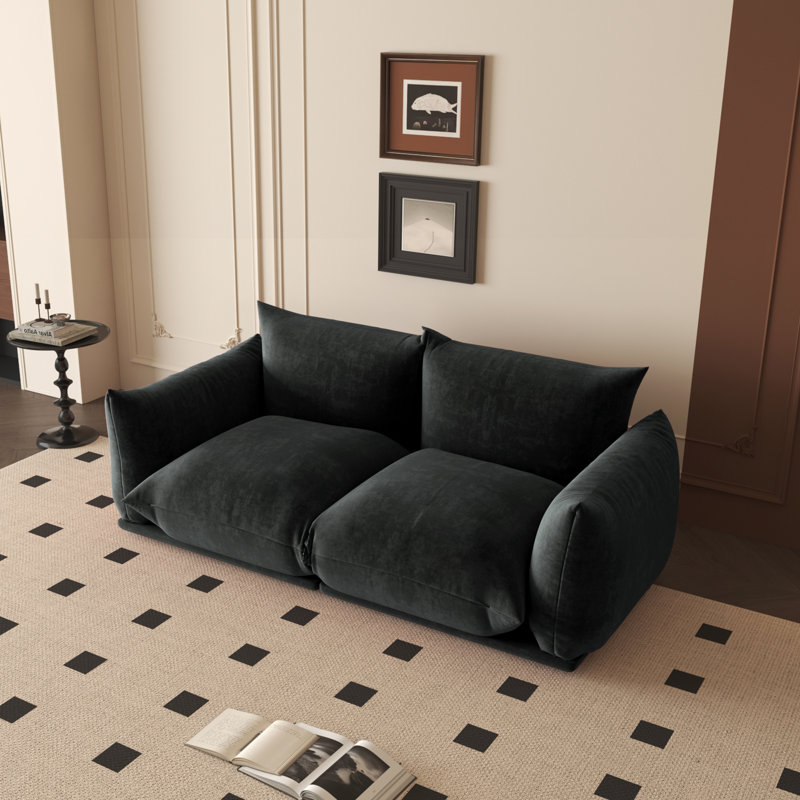Cath 2-Seat Chenille Fabric Upholstered Round Arm Sectional Loveseat, Black Chenille