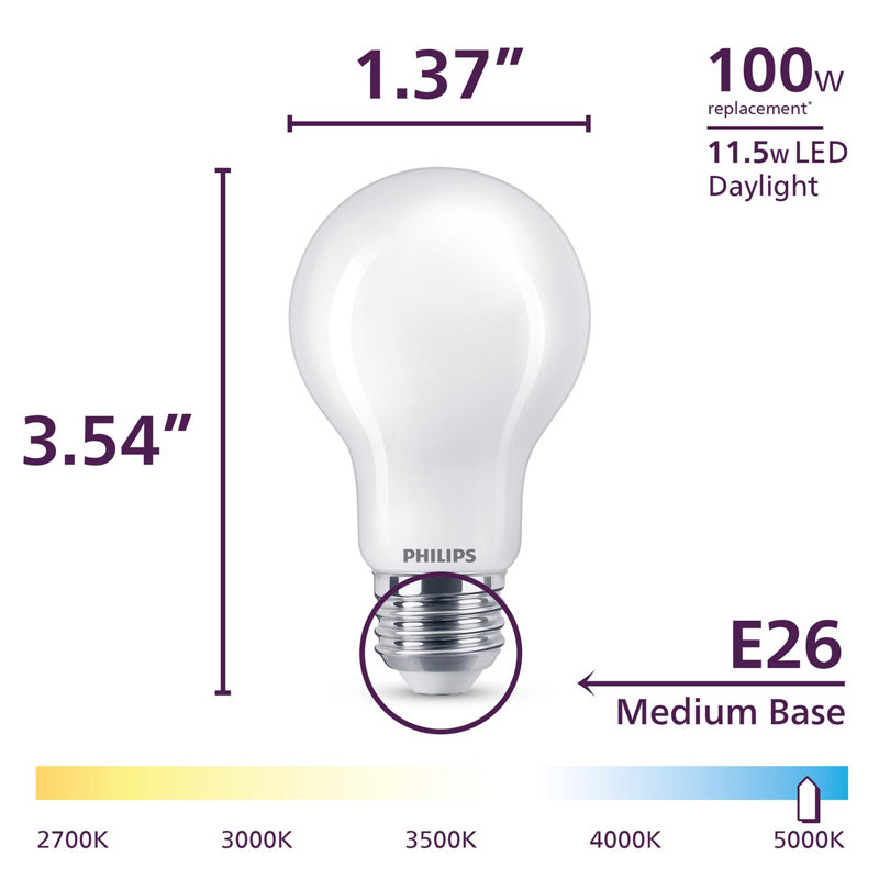 Ampoule DEL Philips A19 E26 (moyenne) à filament 100 W, équivalente à 100 watts, 1500 lumens, 5000 kelvins, 11,5 W