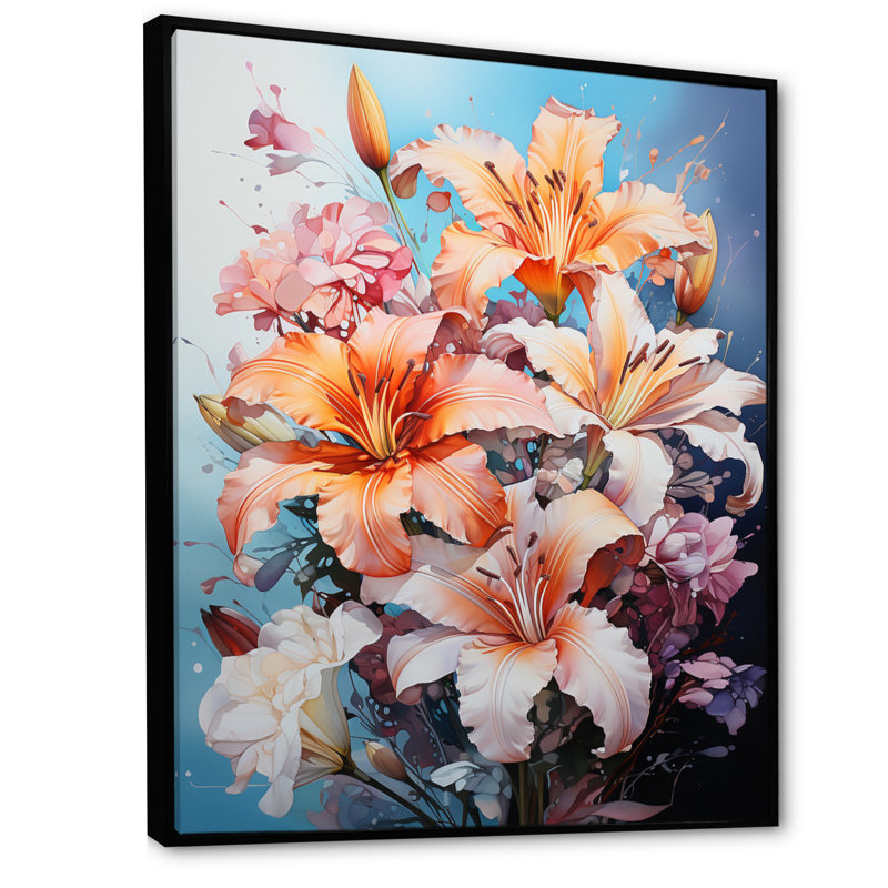Représentation de lys, acrylique multicolore IV sur toile, H 32 po x l 16 po x P 1 po, Cadre flottant noir