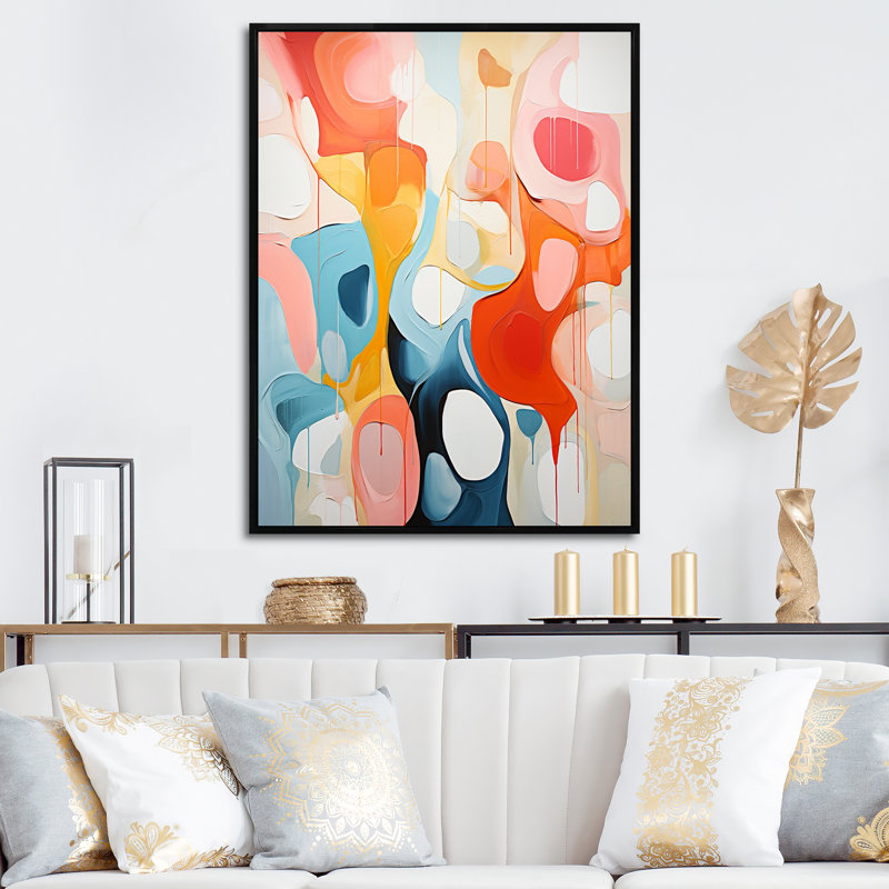Reproduction sur toile rose beige Mid Century Atomic Abstraction II, Cadre flottant noir, H 44 po x l 34 po x P 1,5 po