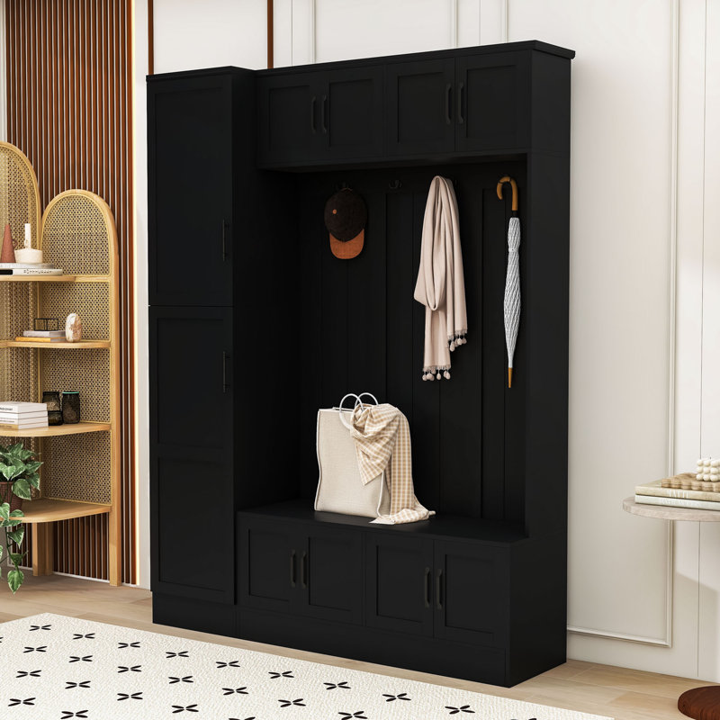 Minimalist Hall Tree with Built-In Seating Bench, Storage Cabinets, Adjustable Shelf and Metal Hooks, Balck