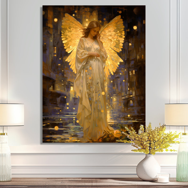 Ange doré prenant soin des ailes - salon d'art mural Wings Angel, Métal métal, H 20 po x l 12 po