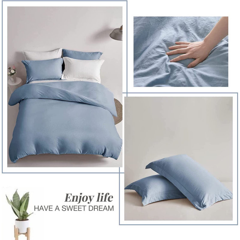 Solayne Washed Microfiber Duvet Cover Set, Soft Bedding with Zipper Closure and Corner Ties, Haze Blue