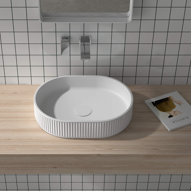 Lavabo de salle de bain vasque cannelé Ruvati EpiStone surface solide moderne ovale blanc mat , H 4,5 po x l 19 po x P 14 po