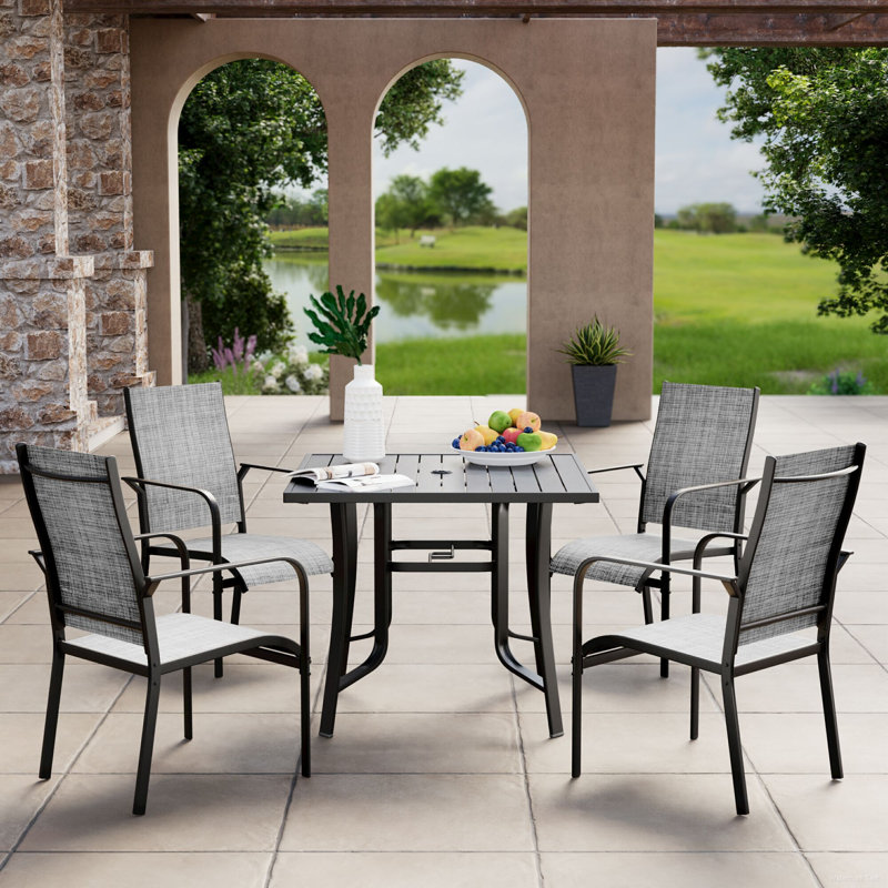 5 Piece Patio Dining Set, Outdoor Dining Table And Chairs Set For 4, 4 PVC-coated polyester Chairs, 1 Iron Square Table With Adjustable Umbrella Hole (1.57"-1.97"), Patio Furniture Set For Deck, Backyard, Lawn, Poolside,