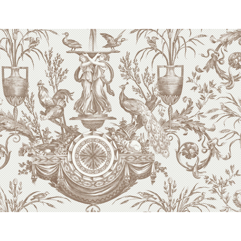 Avian Fountain Toile Wallpaper Roll, Mink