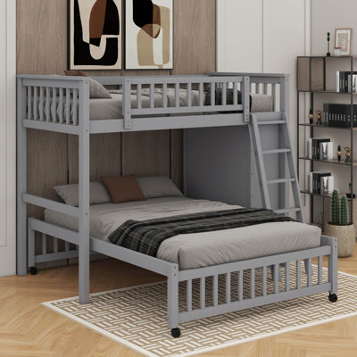 Wooden Twin Over Full Bunk Bed With Drawers And Flexible Shelves,Bottom Bed With Wheels