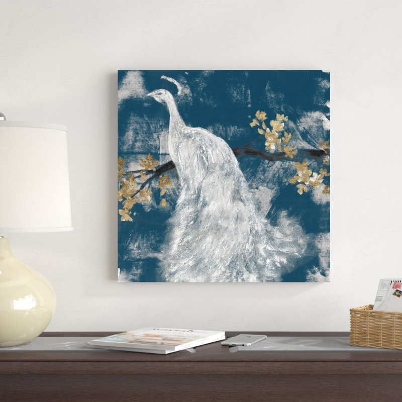Paon blanc sur indigo II, H 20 po x l 20 po