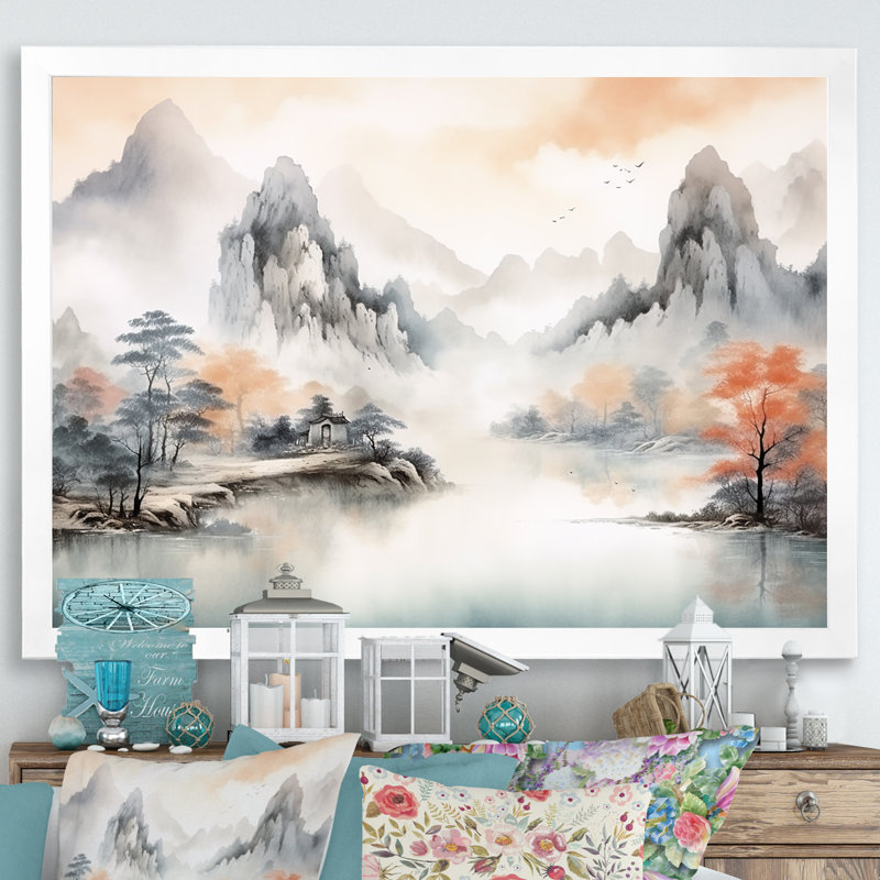 «Grey Tranquil Chinese Landscape Serenity I - China», art mural, Cadre d'angle fermé blanc, H 24 po x l 32 po x P 1 po