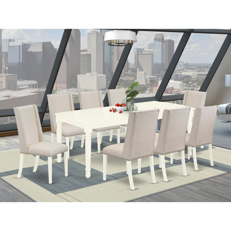 Ensemble de table de salle à manger 9 pièces comprenant une table rectangulaire en bois avec feuille papillon et 8 chaises rembourrées en tissu crème, lin blanc