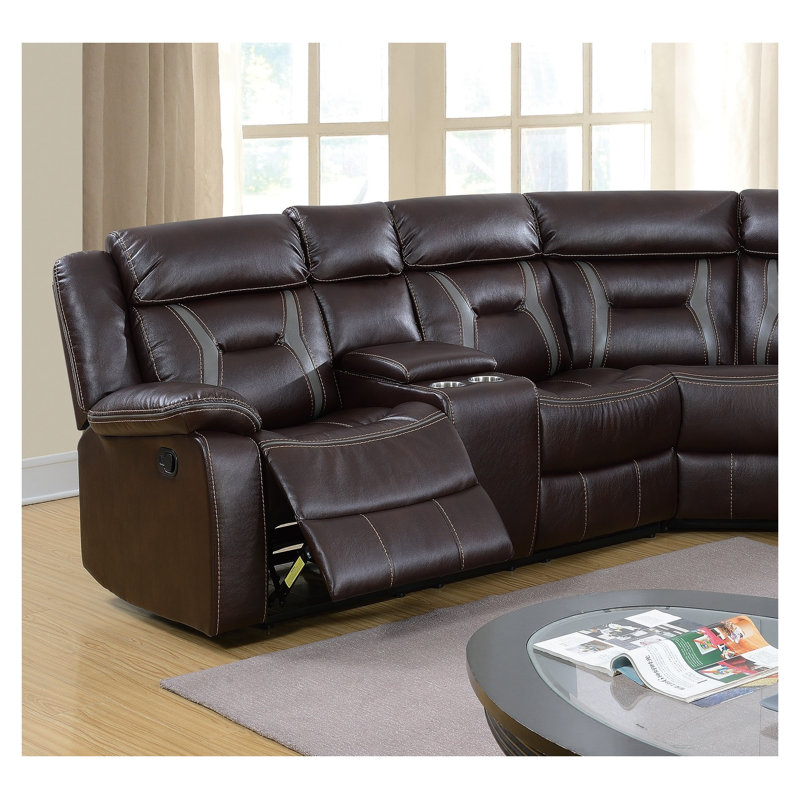 Ensemble de canapé modulaire inclinable électrique en similicuir brun foncé avec porte-gobelets et accoudoirs coussinés