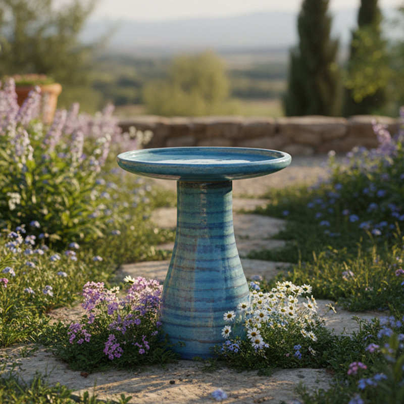 Élégant bain d'oiseaux en céramique pour l'extérieur - résistant aux rayons UV et au gel, Bleu