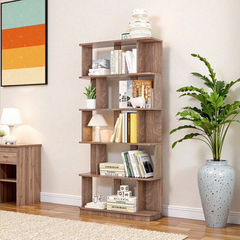 5-Tier Engineered Wood Bookcase, 64.56" Tall Organizer Display Shelves, Dark Brown