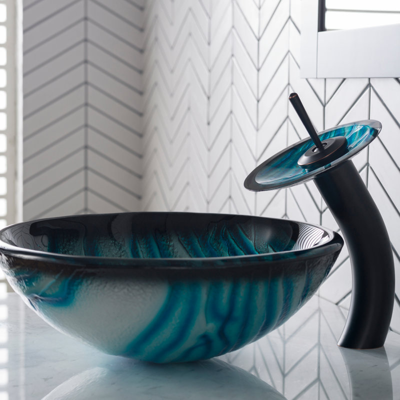 Kraus Ladon Series Glass Bathroom Vessel Sink and Waterfall Faucet Set with Pop-Up Drain, Oil Rubbed Bronze