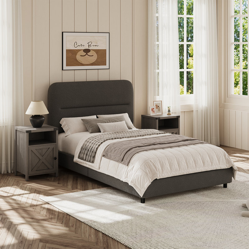 Ensemble de chambre à coucher 3 pièces, ensemble de lit avec ensemble de 2 tables de chevet, Gris / Gris, Simple