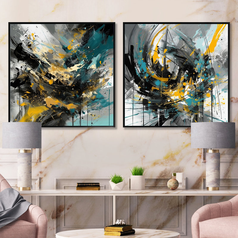 Tourbillon vibrant jaune et jaune - formes abstraites, ensemble de 2 carrés, Cadre flottant noir, H 16 po x l 33 po