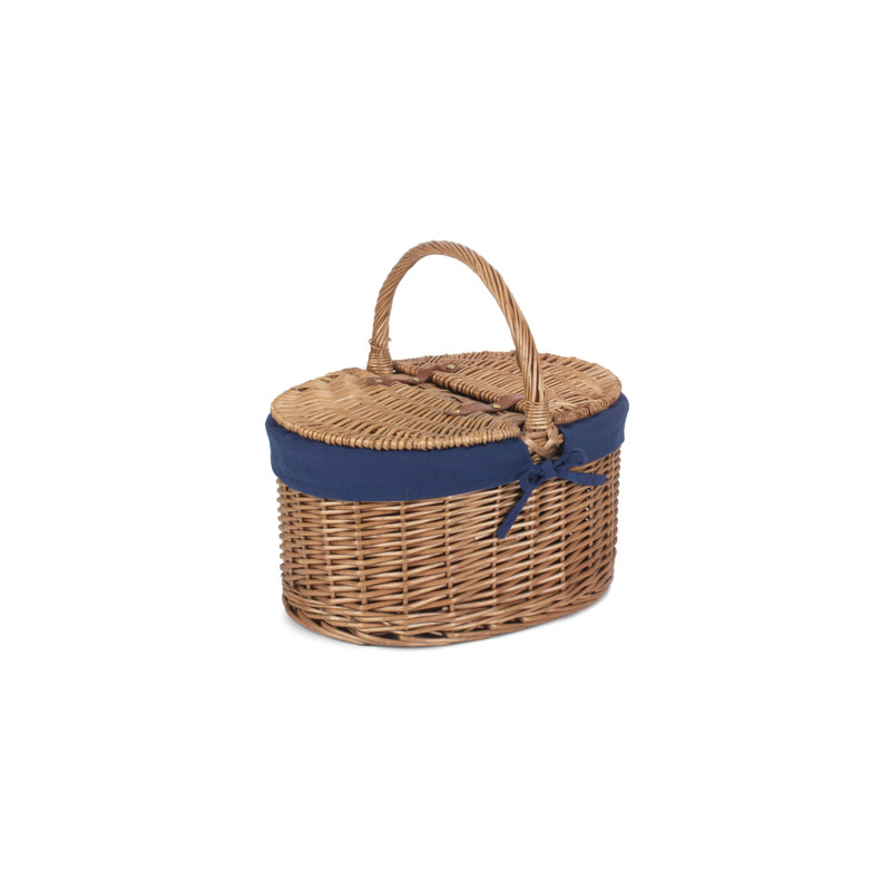 Wicker Lidded Picnic Hamper Basket with Lining, Double Steamed/Navy Blue