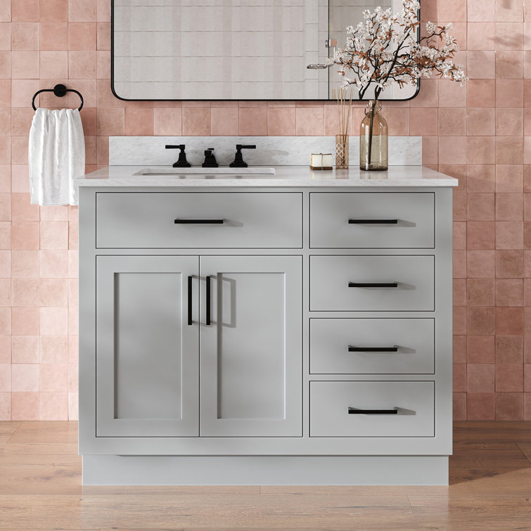 Jameal 42'' Solid Wood Single Bathroom Vanity with 0.75'' Carrara Marble Top, Left Offset Rectangular Sink