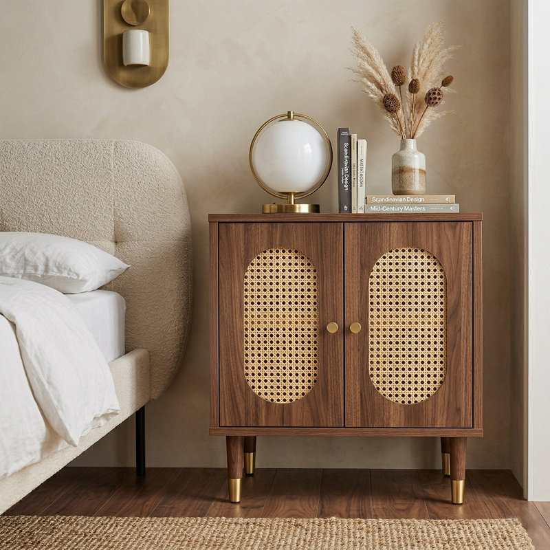 Lille 2 Door Rattan Bedside Cabinet, Walnut