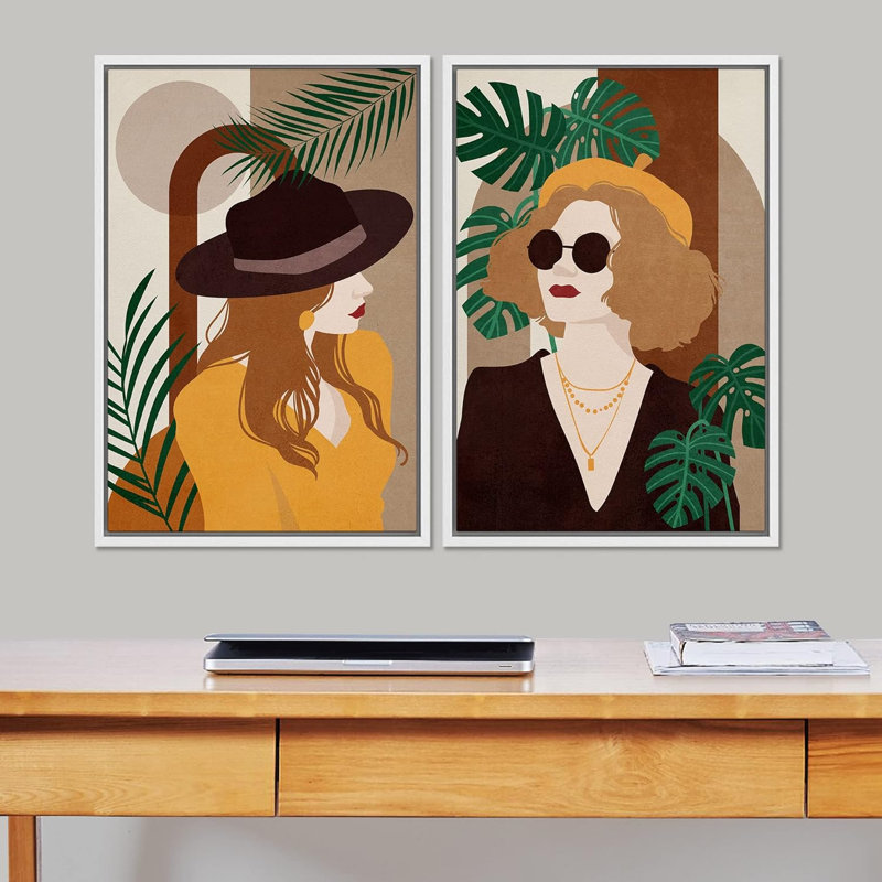 Élégant portrait de femme avec chapeau, lunettes de soleil, nature abstraite, œuvre d'art murale nordique, style Mid-Century moderne, 2 pièces