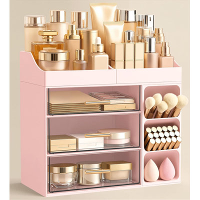 Makeup Organizer Countertop with Brush Holder,Large Bathroom Counter Organizer with Drawers,Skincare Organizers,Pink