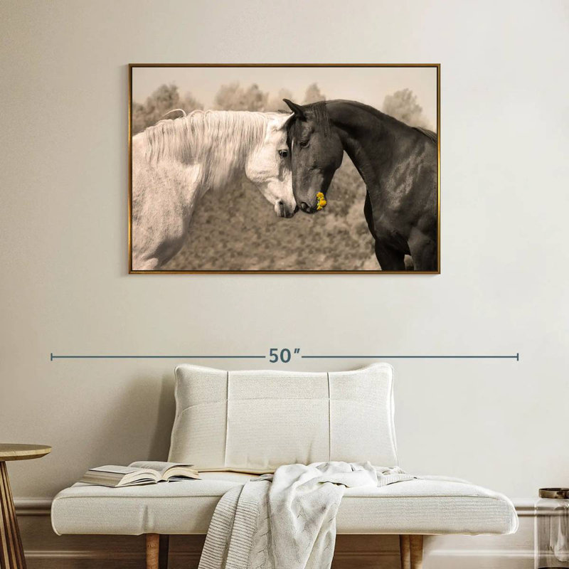 Doux chevaux noirs et blancs, Cadre flottant doré, 40 po x 27 po