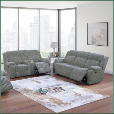 Canapé inclinable contemporain 2pc Ensemble de causeuse avec console - Velours côtelé de fourrure pour le salon | Fumée | Velours côtelé | Accoudoirs coussinés