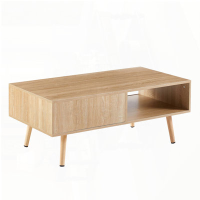 Rattan Coffee Table with Sliding Door and Solid Wood Legs – Natural, 41.34"