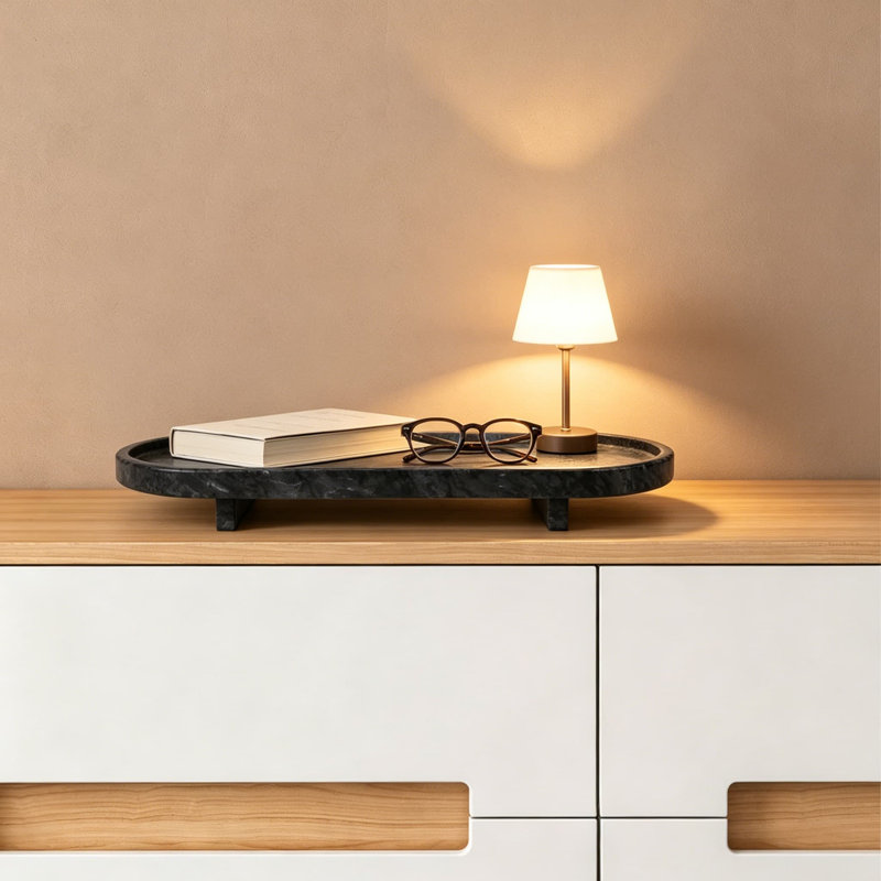 Plateau de meuble-lavabo ovale en marbre avec pieds, plateau décoratif en pierre naturelle pour distributeur de savon, parfum, porte-clés et anneau, petit plateau de service pour la cuisine et l'organisation à la maison, noir et gris