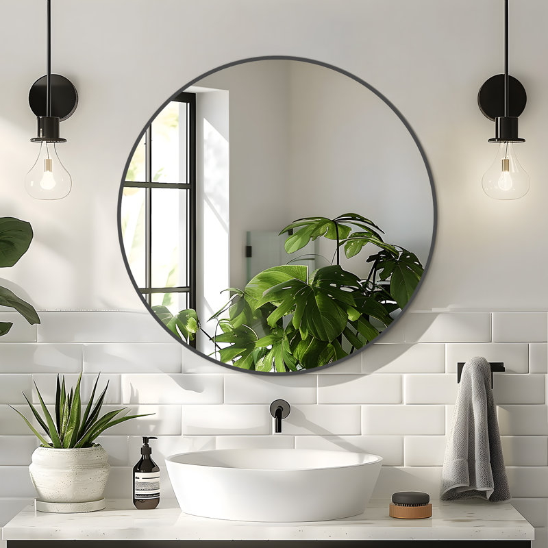 Karrina Round Metal Accent Mirror, 28" x 28", Black