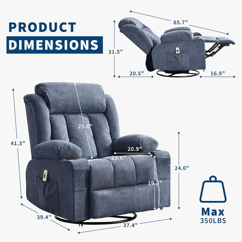 360° Swivel Rocker Recliner with Heat & Massage, USB Ports & Cup Holders, Oversized Single Sofa, Blue