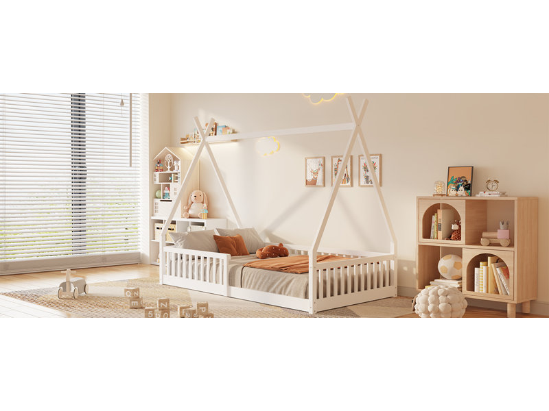 Lit simple en bois avec clôture, blanc, Blanc