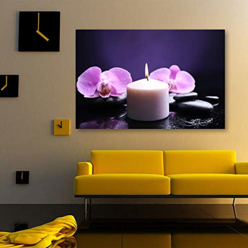 Bougie brûlante orchidée avec pierres florales et basaltes, H 12 po x l 18 po