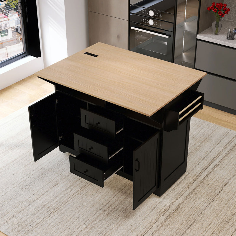 55.7''  MDF Large Kitchen Island With 2 Drop Leaf, Black