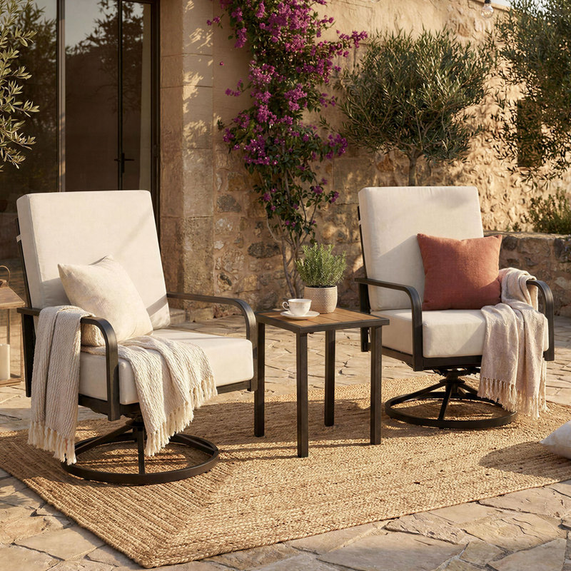 Ensemble de conversation de patio en acier 3 pièces, ensemble de 2 chaises pivotantes avec table d'appoint pour la cour arrière