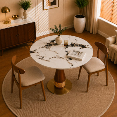 Table de salle à manger de 33,5 po avec pieds en pierre frittée et en bois d'hévéa, piédestal de designer en bois d'hévéa avec décorations en osier tressé à la main et base en acier inoxydable pour la cuisine, les appartements et les bistro