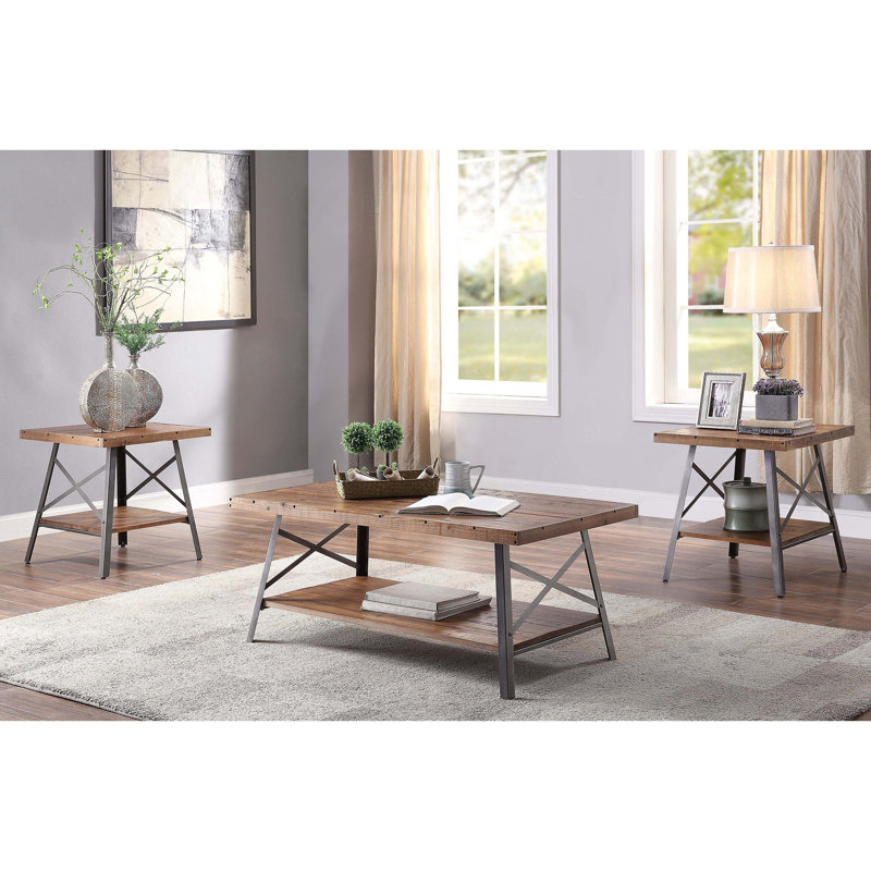 Table de bout avec tablette en chêne patiné et noir sablé vieilli (ensemble de 2)