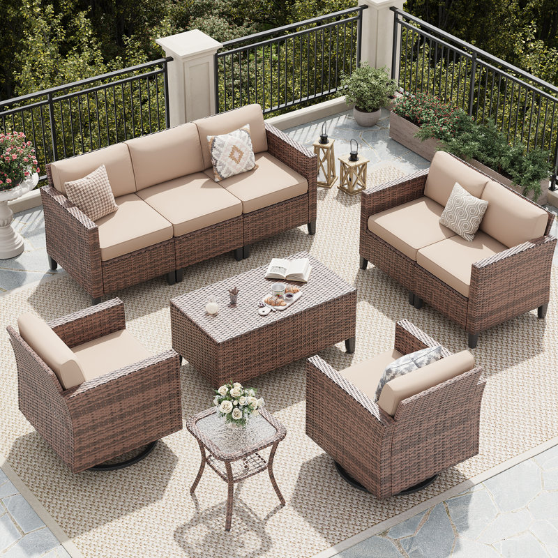 Ensemble de conversation modulaire en rotin 8 pièces avec coussins 8 pièces, Beige
