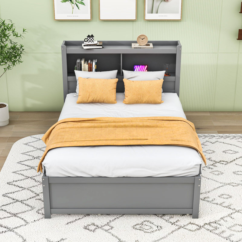 Lit plateforme moderne Dylahn avec lit gigogne simple, tiroirs et ports USB, Gris