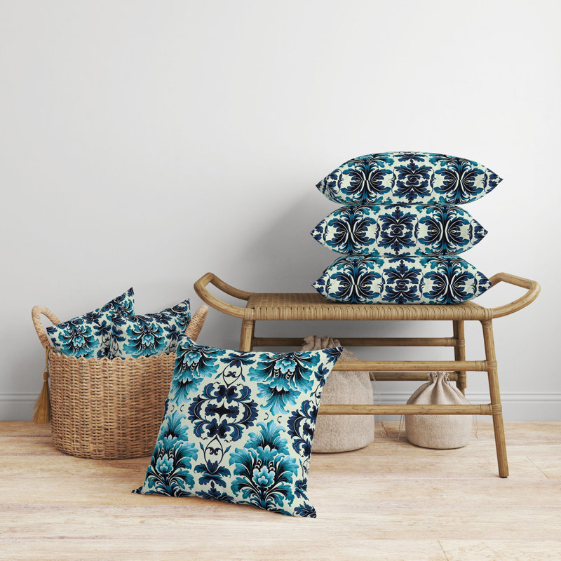 Coussin décoratif réversible intérieur / extérieur Damask Rapture, H 26 po x l 26 po, Bleu / turquoise