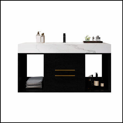 Meuble-lavabo de salle de bain avec lavabo en céramique, conception flottante, armoire de rangement murale avec tiroirs et espaces, style moderne avec poignées en métal