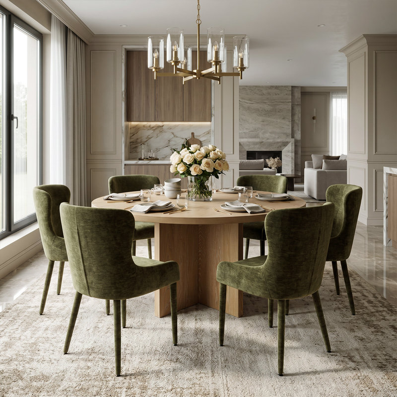 Ensemble de salle à manger rond de 60 pouces en placage de bois avec piédestal et fauteuils à oreilles en chenille